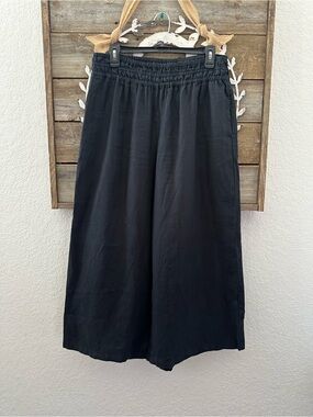 Anthropologie black linen pull on wide leg coulotte pants size M